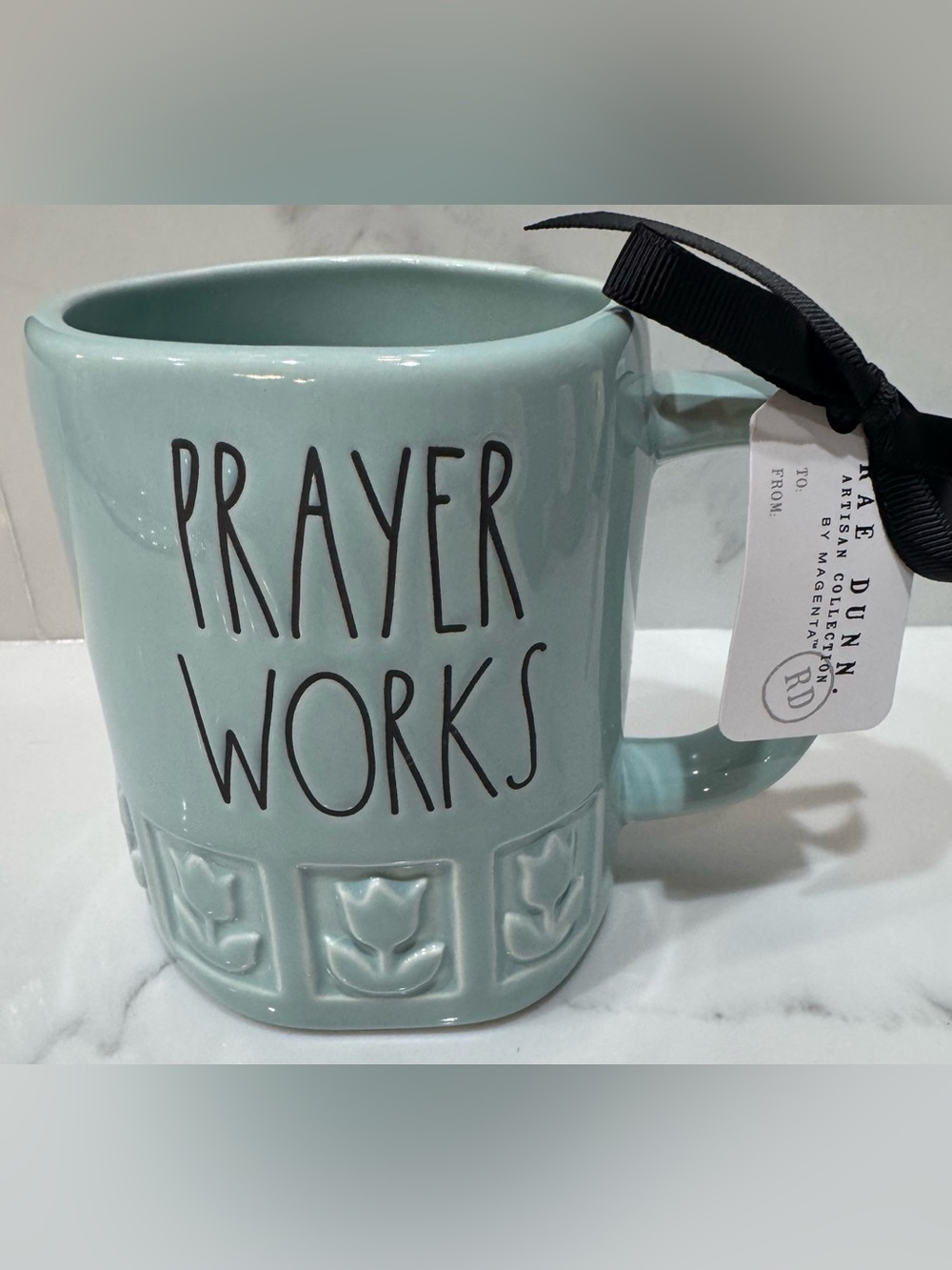 Rae Dunn Blue Coffee Mug w/Embossed Flowers Around Bottom “Prayer Works” New